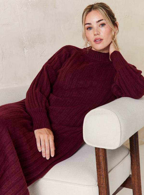 EVERBELLE Burgundy Wide Ribbed Knitted Midi Dress XS